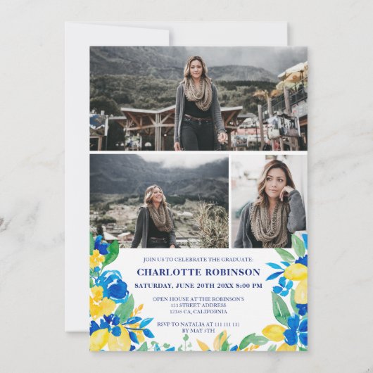 Invitation Bleu jaune citrons floral script photo graduation (Dos)