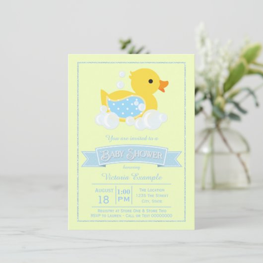 Invitation Bleu Jaune Cute Baby shower canard en caoutchouc (Debout devant)
