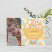 Invitation Bleu Jaune Deux Super Retro Photo 2e anniversaire (Debout devant)