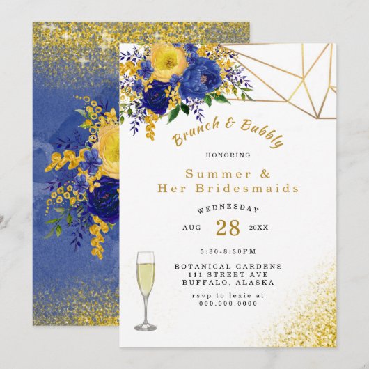 Invitation Bleu Jaune Or Peint Floral Brunch et Bubbly (Devant / Derrière)
