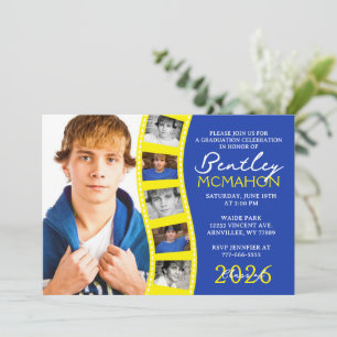 Invitation Bleu & Jaune Photo Filmstrip Collage Graduation