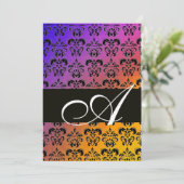 Invitation BLEU JAUNE VIOLET NOIR DAMAS MONOGRAMME, blanc (Debout devant)