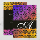 Invitation BLEU JAUNE VIOLET NOIR DAMAS MONOGRAMME, blanc (Devant / Derrière)