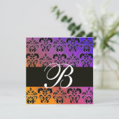 Invitation BLEU JAUNE VIOLET NOIR  DAMAS MONOGRAMME, blanc (Debout devant)