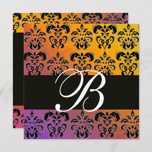 Invitation BLEU JAUNE VIOLET NOIR DAMASK MONOGRAM, blanc (Devant / Derrière)