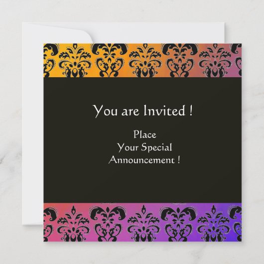 Invitation BLEU JAUNE VIOLET NOIR DAMASK MONOGRAM, blanc (Dos)
