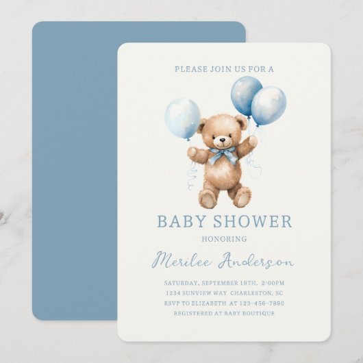 Invitation Bleu Jouet ours Bébé Baby shower garçon (Devant / Derrière)
