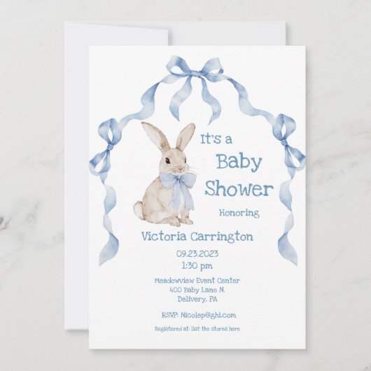 Invitation Bleu lapin Rabbit Ruban Garçon bébé (Devant)