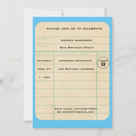 Invitation Bleu Library Card Anniversaire (Devant)