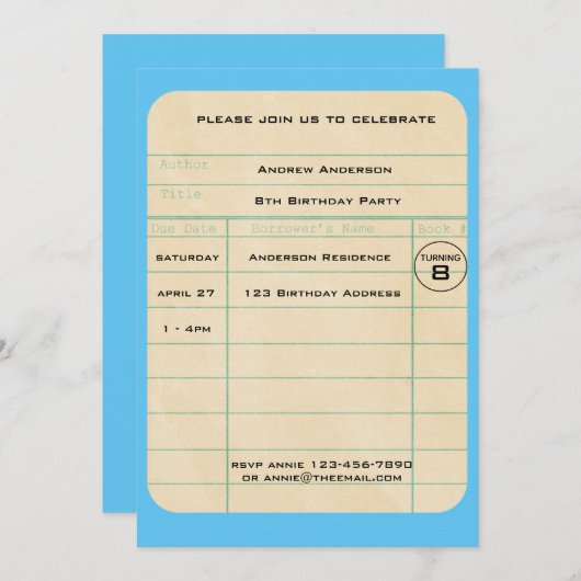 Invitation Bleu Library Card Anniversaire (Devant / Derrière)