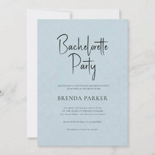 Invitation Bleu Lin Simple Noir Script Bachelorette (Devant)