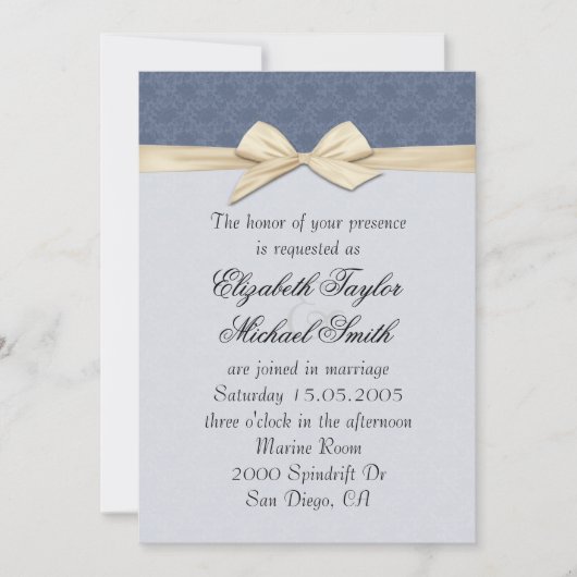 Invitation Bleu Luxe Elegant Damask Ribbon Wedding Invite (Devant)