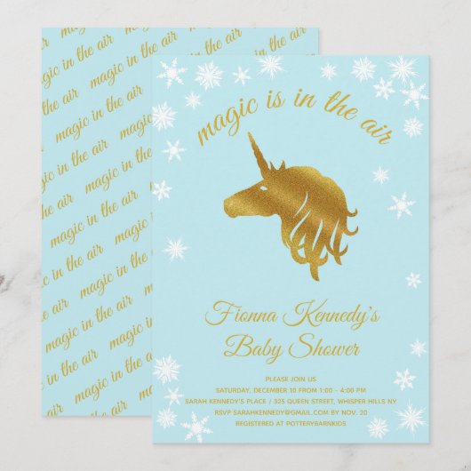 Invitation Bleu Magique Unicorne Baby shower d'hiver Invitati (Devant / Derrière)