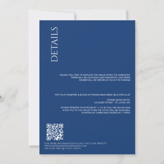 Invitation Bleu magnifique avec détails et Mariage de code QR (Dos)