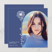 Invitation Bleu manuscrit photo florale Graduation (Devant / Derrière)