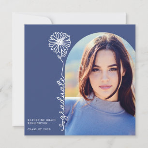 Invitation Bleu manuscrit photo florale Graduation