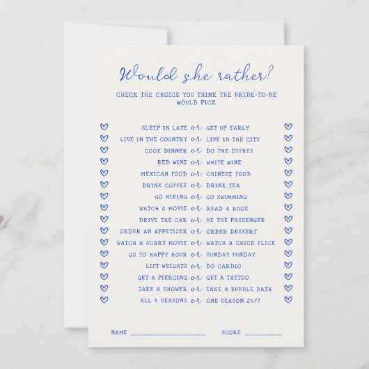 Invitation Bleu manuscrit Voudrait-elle plutôt Game Card (Devant)