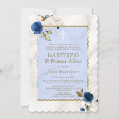 Invitation Bleu Marbre Floral Espagnol 1er Anniversaire Baptê (Devant)