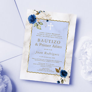 Invitation Bleu Marbre Floral Espagnol 1er Anniversaire Baptê