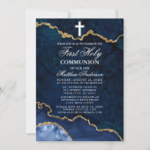 Invitation Bleu Marbre Or Géode Agate Première Communion Sain (Devant)