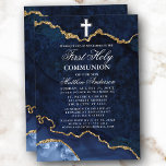 Invitation Bleu Marbre Or Géode Agate Première Communion Sain<br><div class="desc">Aquarelle moderne élégante Bleu et or Marbre Agate Géode Première Communion Sainte Invitation</div>
