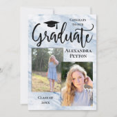 Invitation Bleu Marbre Script 2 Photo Graduation (Devant)