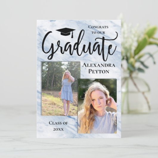 Invitation Bleu Marbre Script 2 Photo Graduation (Debout devant)
