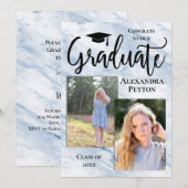 Invitation Bleu Marbre Script 2 Photo Graduation (Devant / Derrière)
