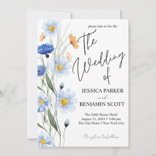 Invitation Bleu Mariage Floral (Devant)