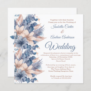 Invitation Bleu mariage Pêche Beige Floral Blanc
