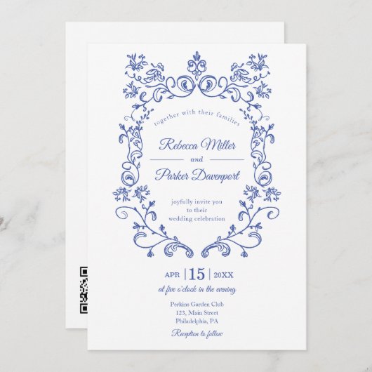Invitation Bleu Mariage photo qr code sur le dos (Devant / Derrière)