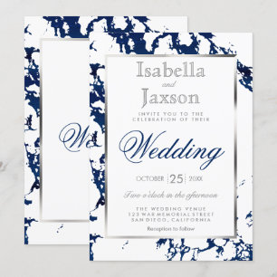 Invitation Bleu Marine, Argent et Blanc