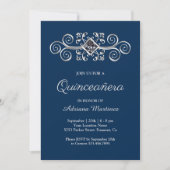 Invitation Bleu marine argent flourish Quinceanera (Devant)