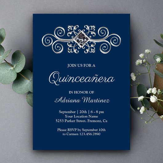Invitation Bleu marine argent flourish Quinceanera
