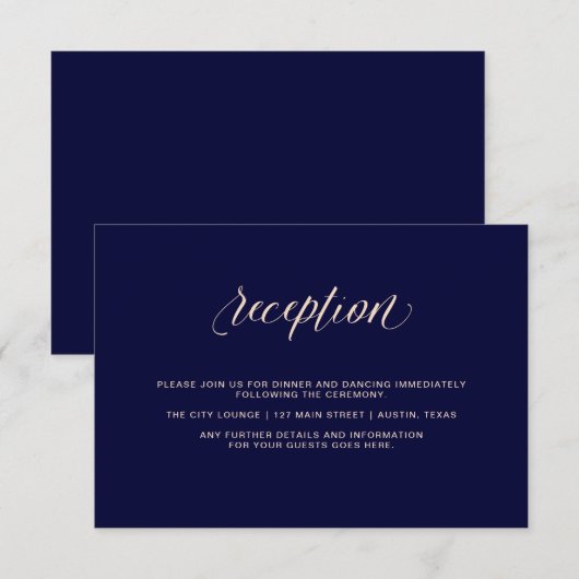 Invitation Bleu marine avec typographie rose blush | Réceptio (Devant / Derrière)