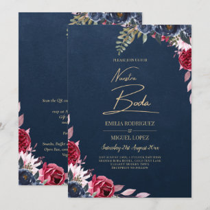 Invitation Bleu marine baie floral bourgogne hiver automne