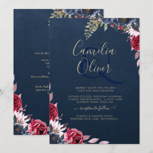 Invitation Bleu Marine Baie Floral Bourgogne Hiver Automne