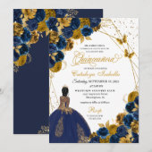 Invitation Bleu Marine & Beurre d'or Princesse Quinceanera (Devant / Derrière)
