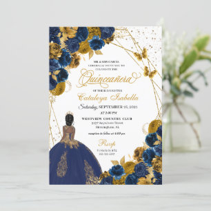 Invitation Bleu Marine & Beurre d'or Princesse Quinceanera