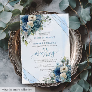 Invitation Bleu Marine Bleu Argent Blanc Roses Mariage Invita