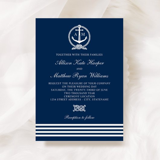Invitation Bleu marine Bleu Blancs Ancres Mariage