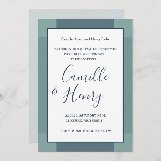 Invitation bleu marine bleu turquoise élégant mariage moderne (Devant / Derrière)