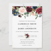 Invitation bleu marine & bordeaux aquarelle mariage floral (Devant)