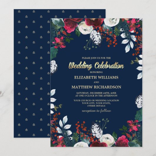 Invitation Bleu Marine | Bourgogne Mariage de la Bloom Rouge (Devant / Derrière)