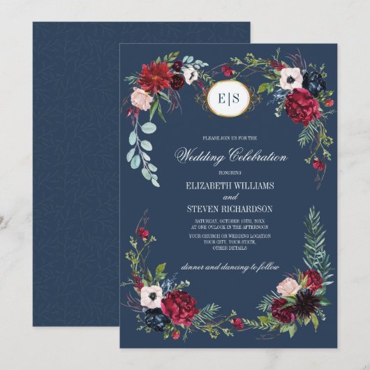 Invitation Bleu marine | Burgundy Bloom Watercolor Mariage (Devant / Derrière)
