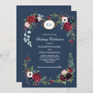 Invitation Bleu marine Burgundy Bloom Watercolor Mariage