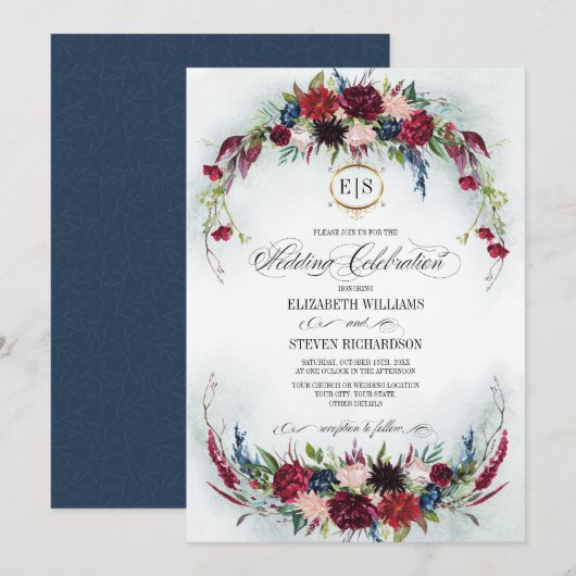 Invitation Bleu marine | Burgundy Bloom Watercolor Mariage (Devant / Derrière)