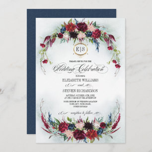 Invitation Bleu marine Burgundy Bloom Watercolor Mariage