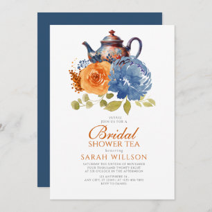 Invitation Bleu marine Burnt Orange Floral Fête des mariées T