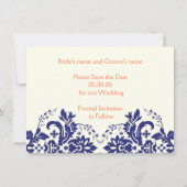 Invitation Bleu marine damassé, mariage corail Save the Date (Dos)